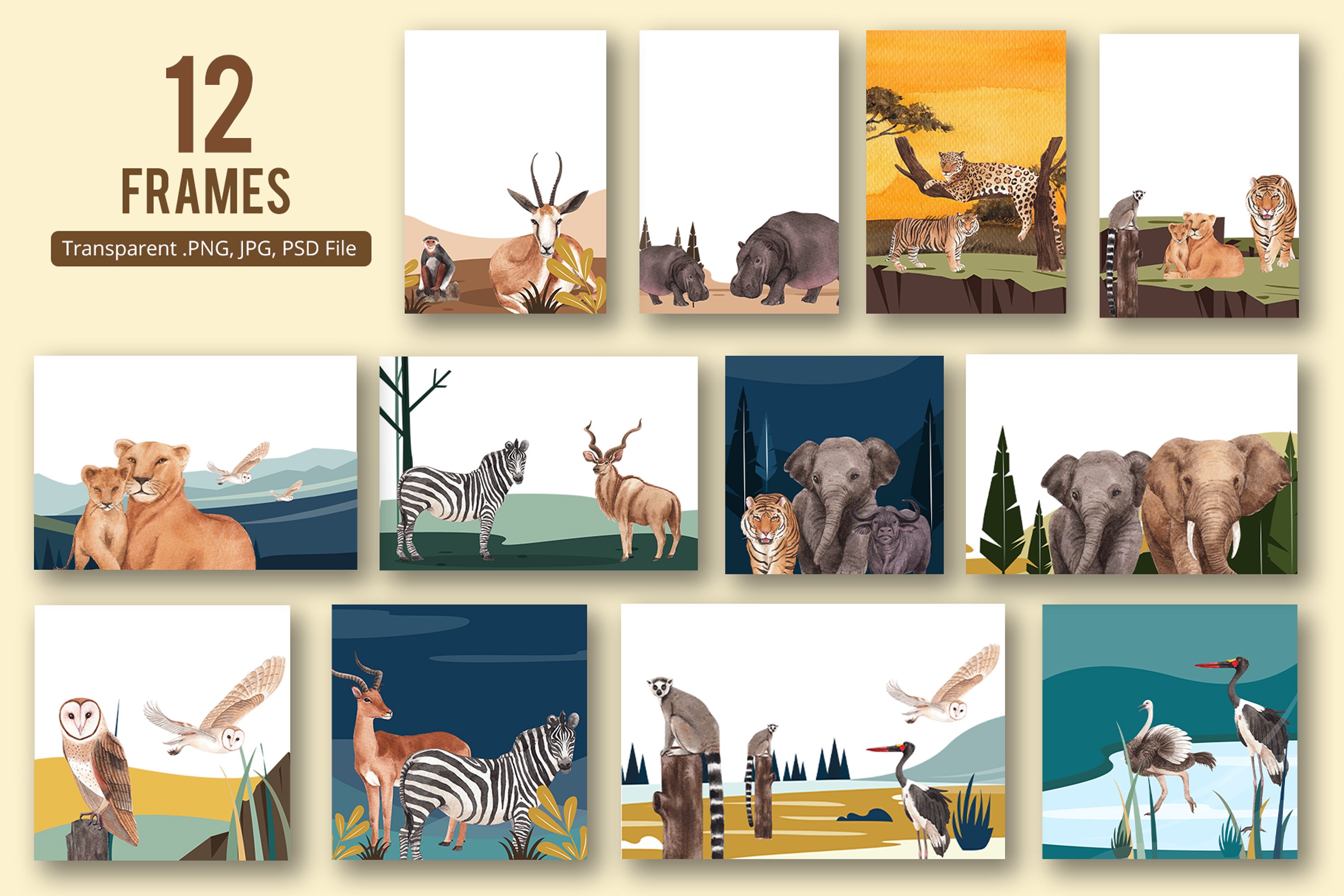 Animals of the Savanna Wildlife Watercolor