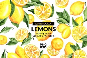 Lemon Watercolor Clipart & Patterns