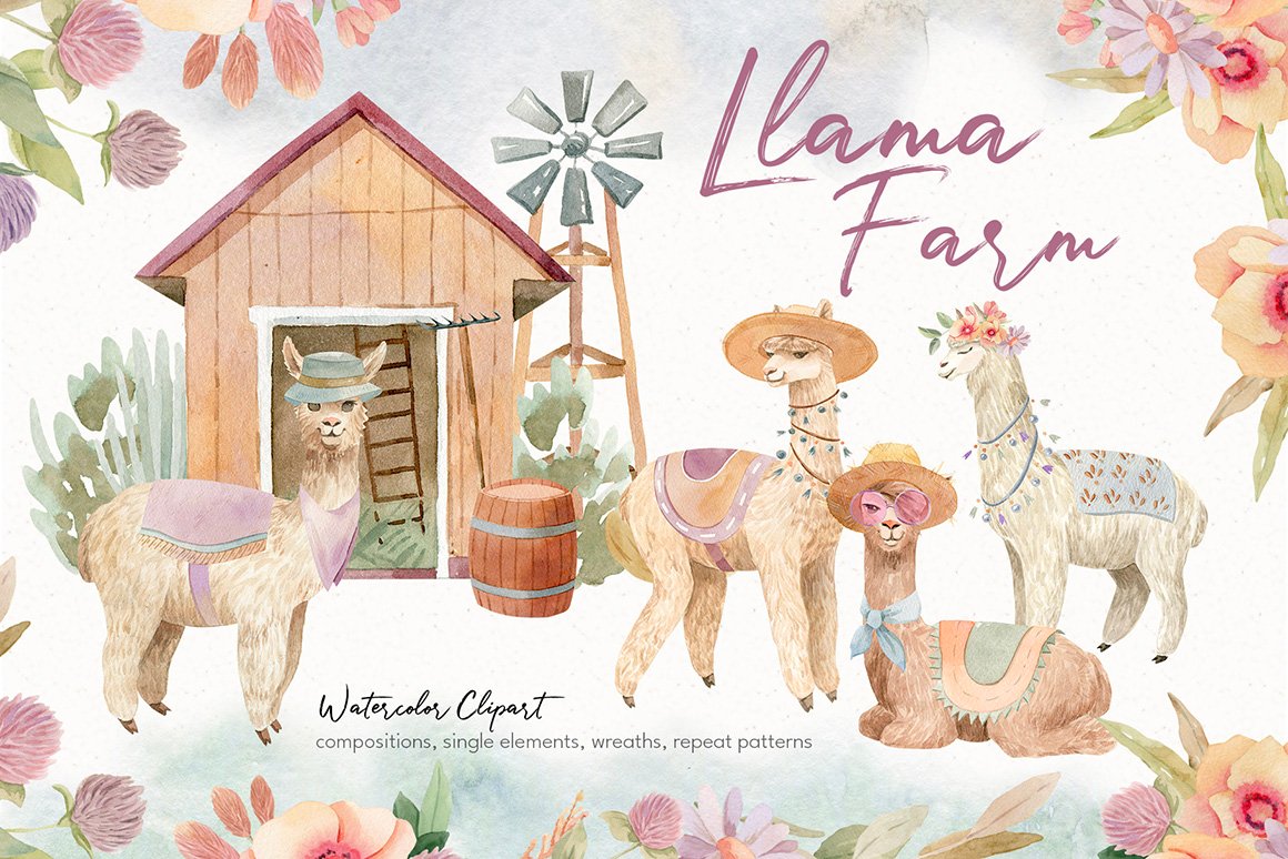 Llama Farm Watercolor Clipart