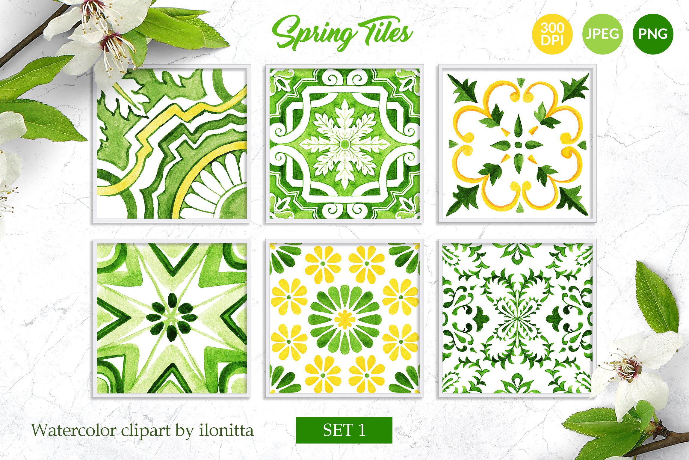 Spring Tiles Green Watercolor - Set 1