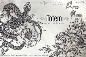 Totem Animals and Flowers Vector Set