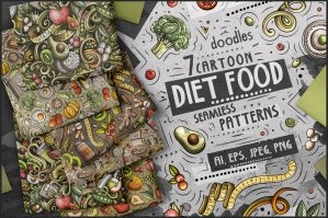 Diet Food Cartoon Doodle Seamless Patterns