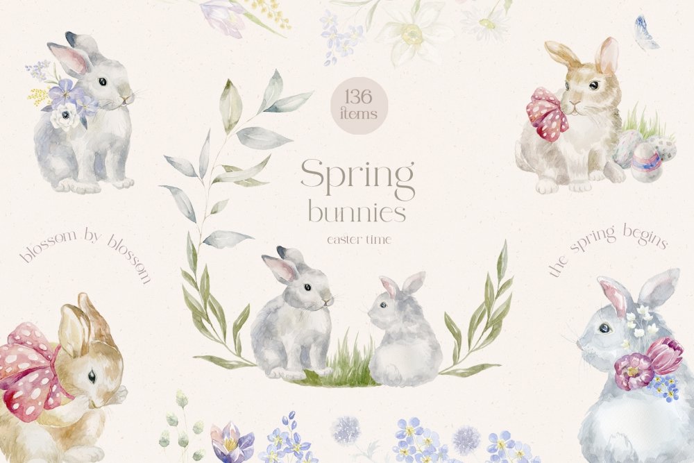Watercolor Spring Bunnies – Easter Floral Collection