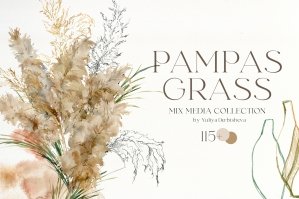 Pampas Grass Watercolor and Abstract Boho Collection