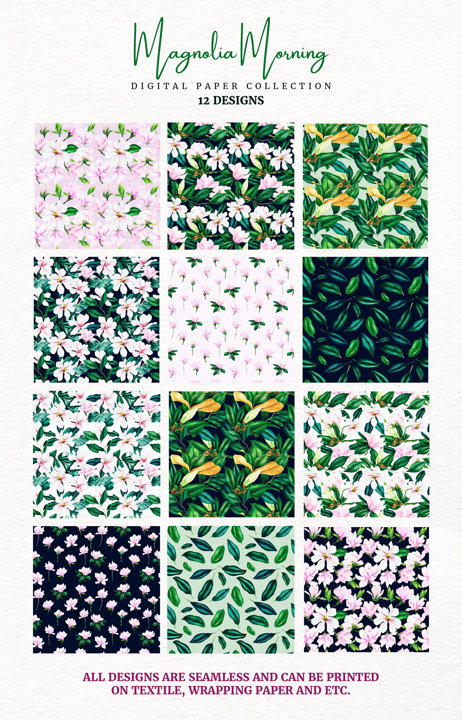 Magnolia Flowers - Watercolor Seamless Patterns