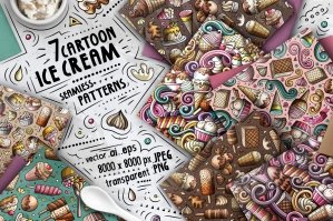 Ice Cream Cartoon Doodle Seamless Patterns