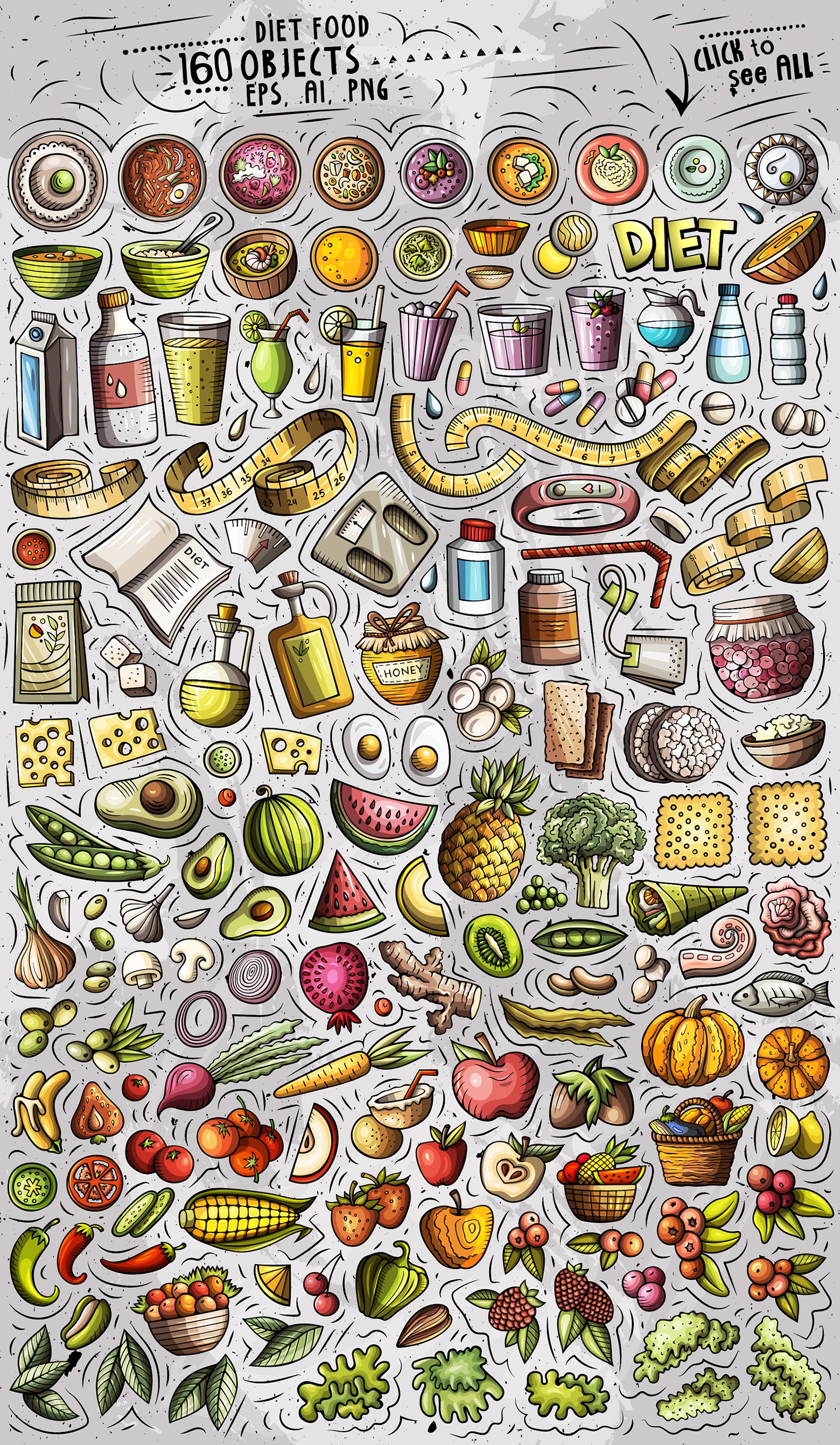 Diet Food Cartoon Objects Set - Design Cuts