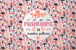 Mushrooms - 10 Seamless Patterns