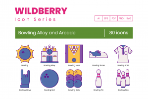 80 Bowling Alley and Arcade Icons - Wildberry Series
