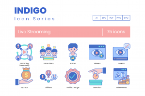 75 Live Streaming Icons - Indigo Series