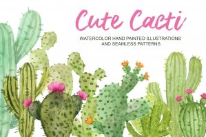 Cute Cacti Watercolor Elements Set