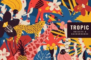 Retro Tropical Objects & Backgrounds in Riso Style
