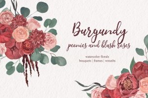 Burgundy Peonies & Blush Roses Boho Watercolor