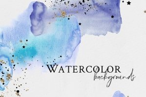 Watercolor Blue Backgrounds with Golden & Black Stars