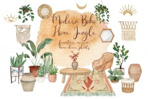 Modern Boho Home Jungle - Watercolor Interiors and Plants