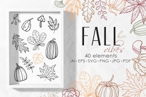 Fall Vibes - Leaves & Pumpkins Line Art
