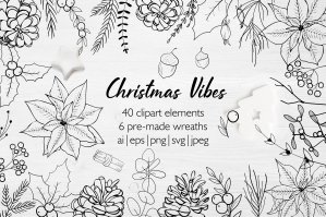 Line Art Christmas Elements & Wreaths