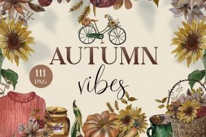 Watercolor Clipart Autumn Flowers and Pumpkins