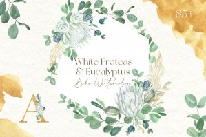 White Proteas & Green Eucalyptus Boho Watercolor