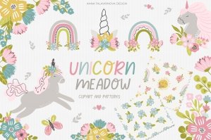 Unicorn Meadow Clipart & Pattern
