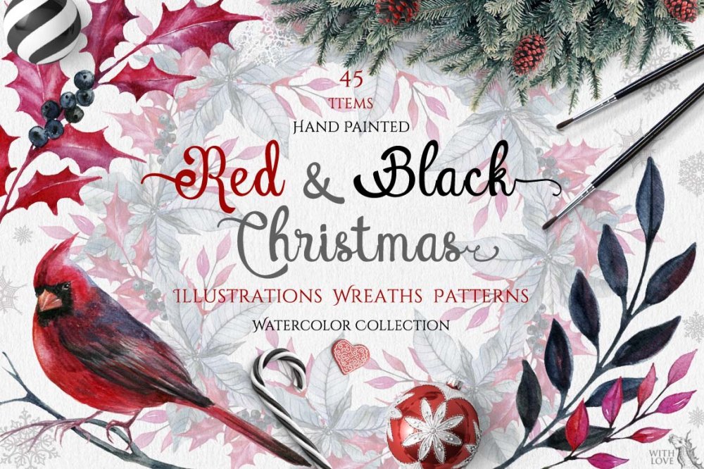 Watercolor Christmas Floral Illustrations Set - Design Cuts