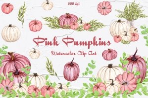 Pink Pumpkins Watercolor Clipart