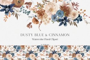 Dusty Blue & Cinnamon Watercolor Floral Clipart