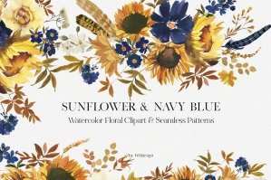 Sunflower and Navy Blue Watercolor Floral Clipart
