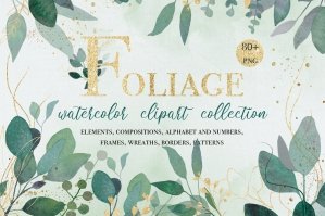 Watercolor Greenery and Gold Leaves Clipart