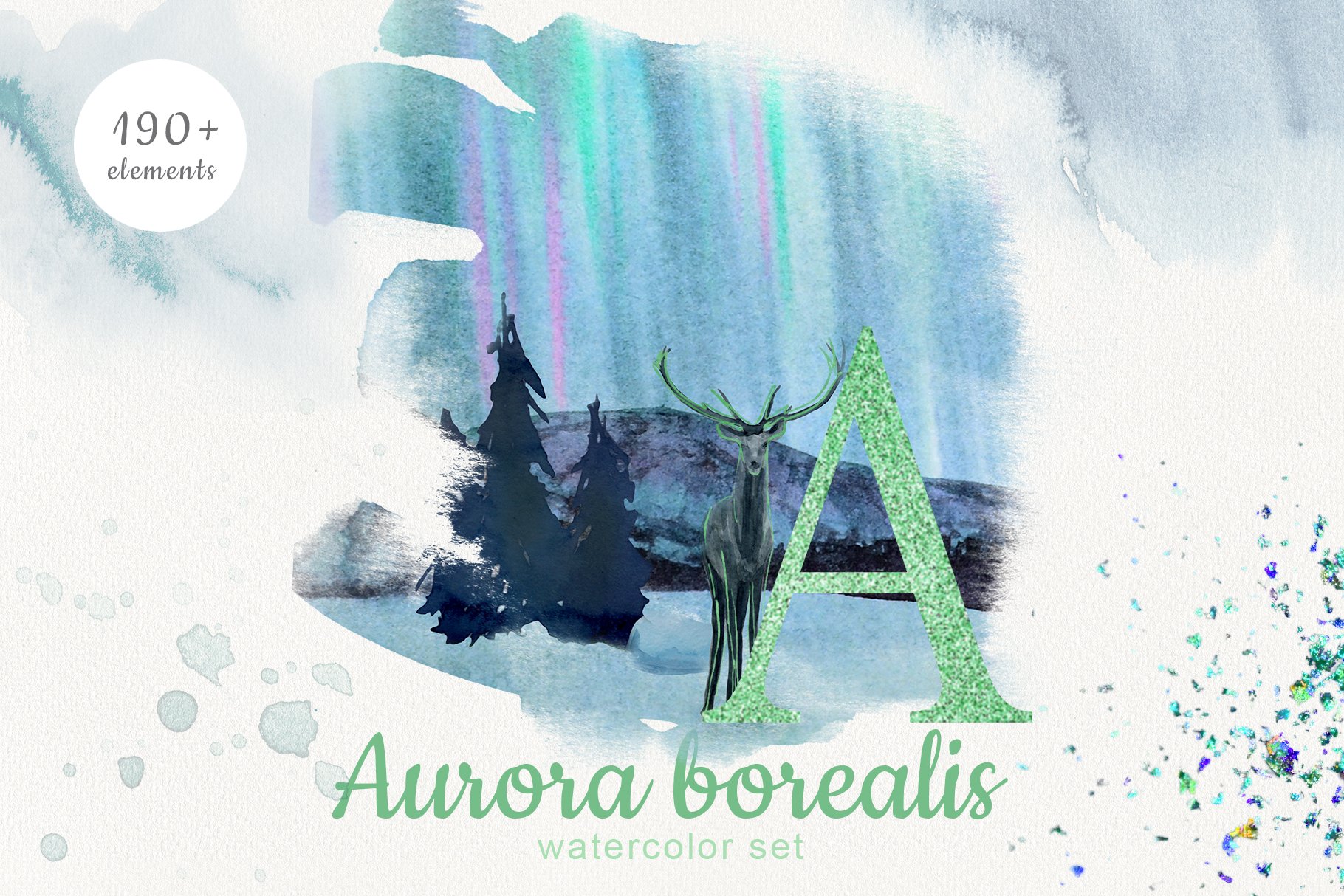 Aurora Borealis Watercolor Winter Forest Illustrations