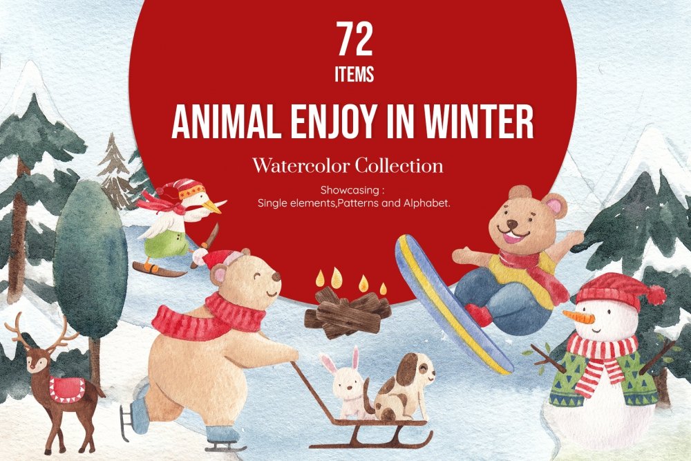 Animals Enjoy in Winter Watercolor - Design Cuts