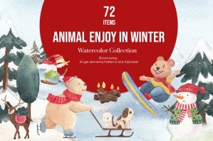 Animals Enjoy in Winter Watercolor