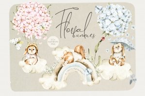 Floral Cute Bunnies Watercolor
