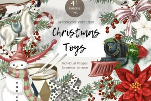 Christmas Watercolor Clipart - Christmas Toys