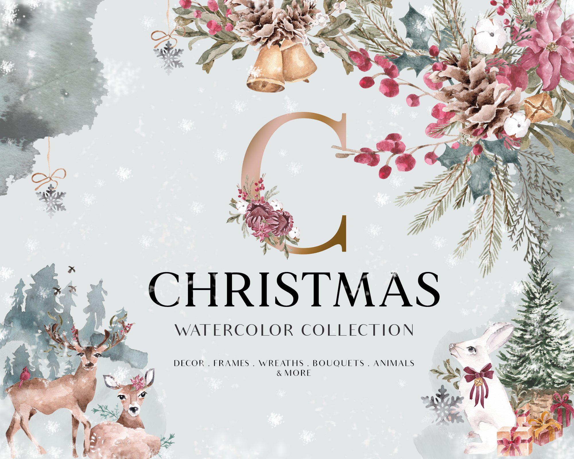 Watercolor Christmas greenery clipart, Winter collection