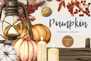 Watercolor Autumn Pumpkins - Clipart & Seamless Pattern