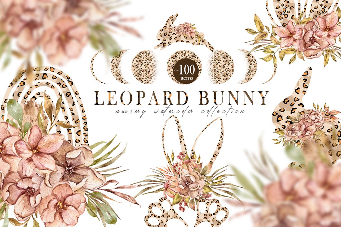 Floral Watercolor Easter Leopard Bunny Collection