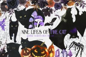 Halloween Cats Watercolor Floral Clipart