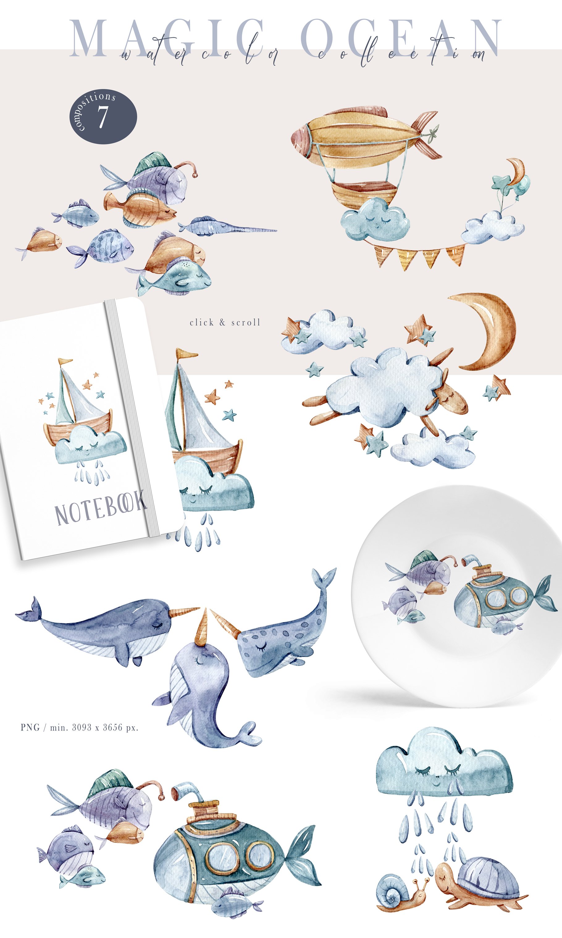 Watercolor Nursery Nautical Sea Animals Collection