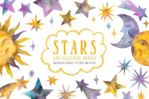 Watercolor Stars & Celestial Bodies - Illustrations and Patterns