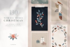 Nordic Boho Christmas Illustrations, Cards, Patterns