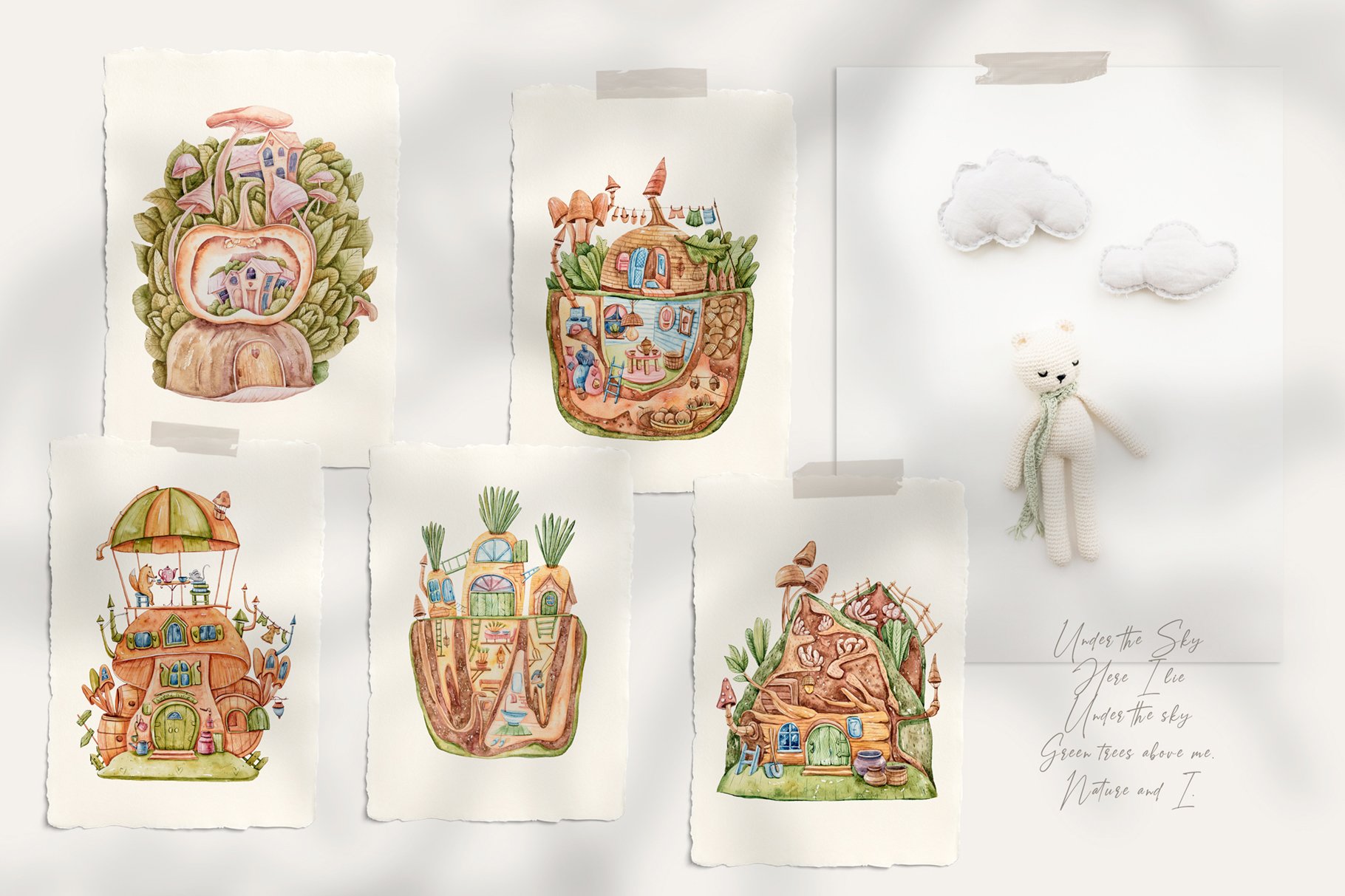 Watercolor Fairy Cute Nursery Houses Illustrations
