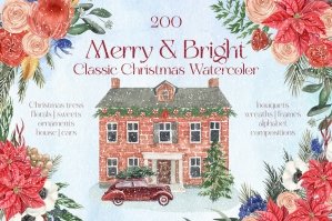 Merry & Bright Classic Vintage Christmas Watercolor Clipart