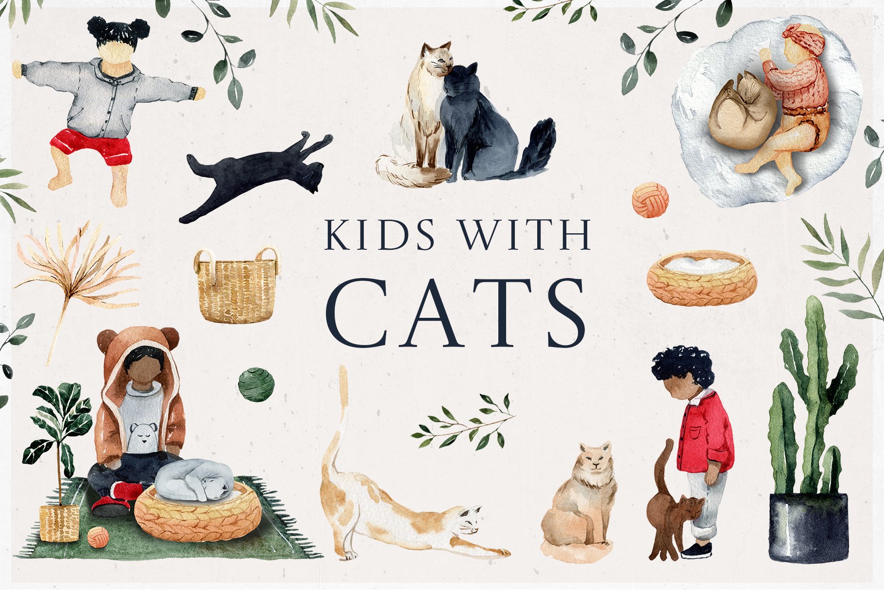Watercolor Kids with Cats