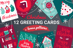 12 Christmas Greeting Cards + Bonus Winter Seamless Patterns