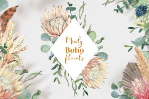 Moody Boho Florals - Watercolor Proteas, Eucalyptus, Pampas Grass