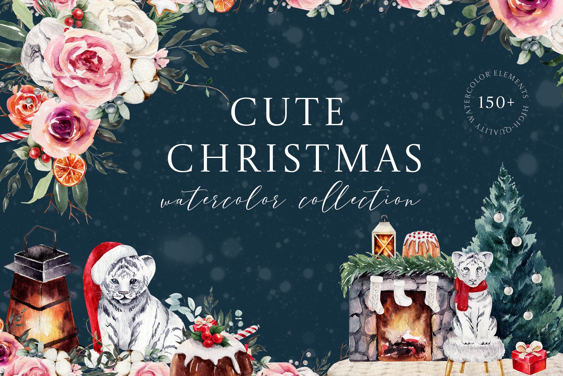 Cute Christmas - Watercolor Winter Clipart with Tigers