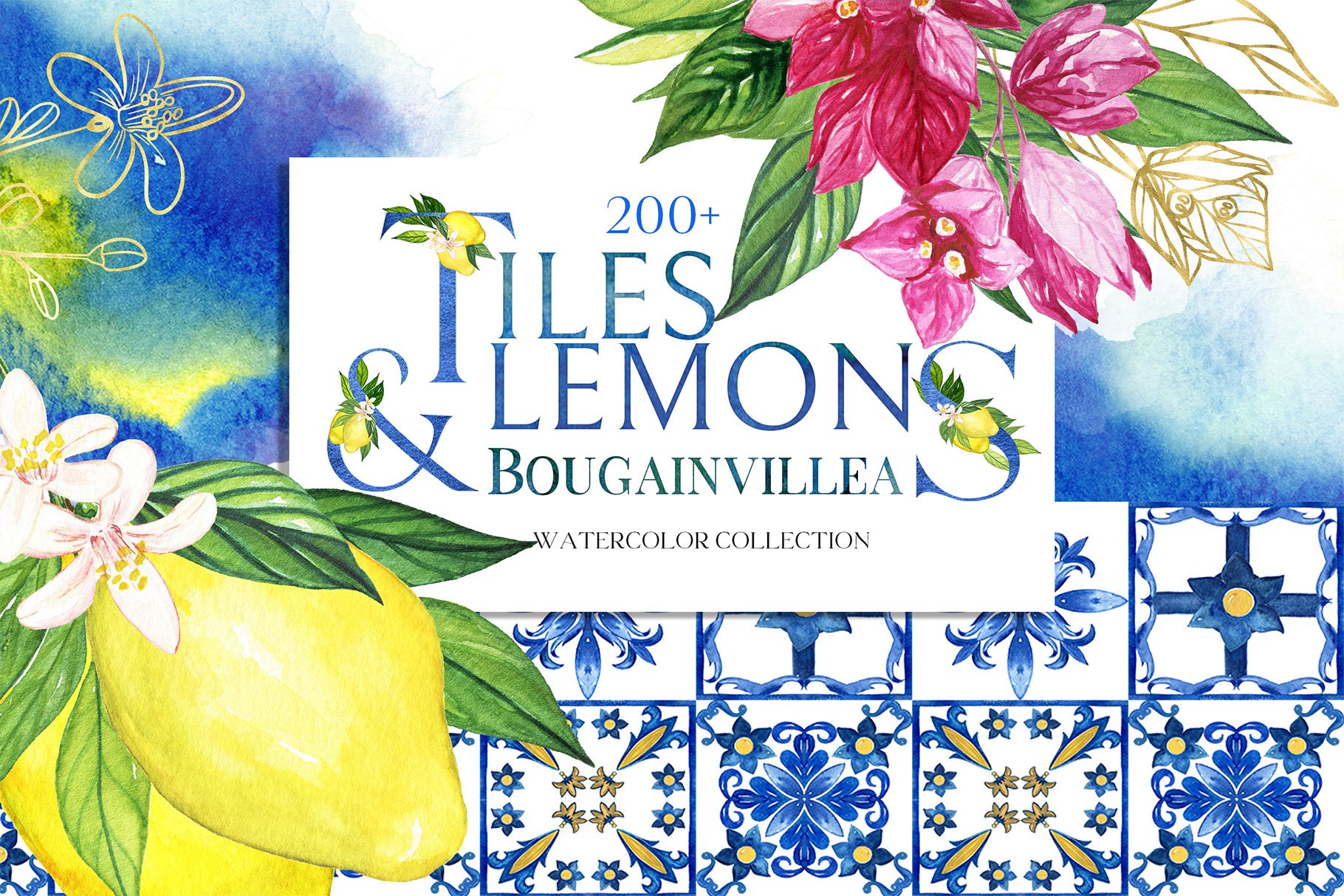 Blue Tiles Lemons Bougainvillea Clipart