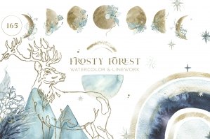Frosty Winter Forest Christmas Blue & Gold Watercolor Collection