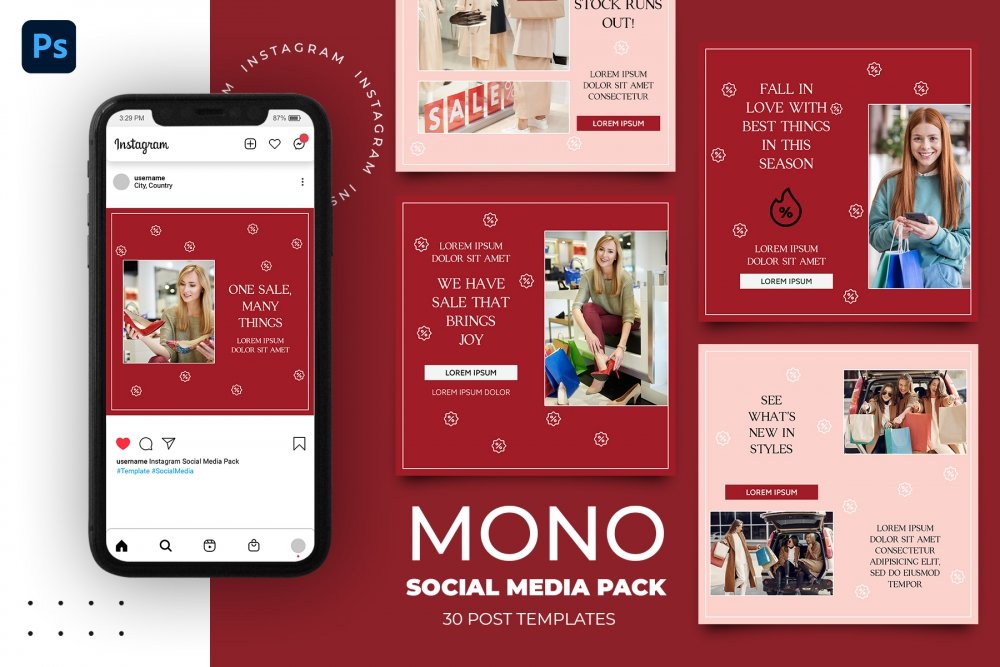 Mono Instagram Pack - 30 Social Media Templates - Design Cuts
